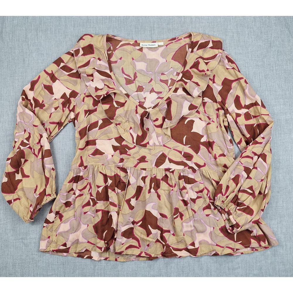 Roller Rabbit XS Abstract Print Ruffle V-Neck‎ Peplum Blouse Tan Brown Pink